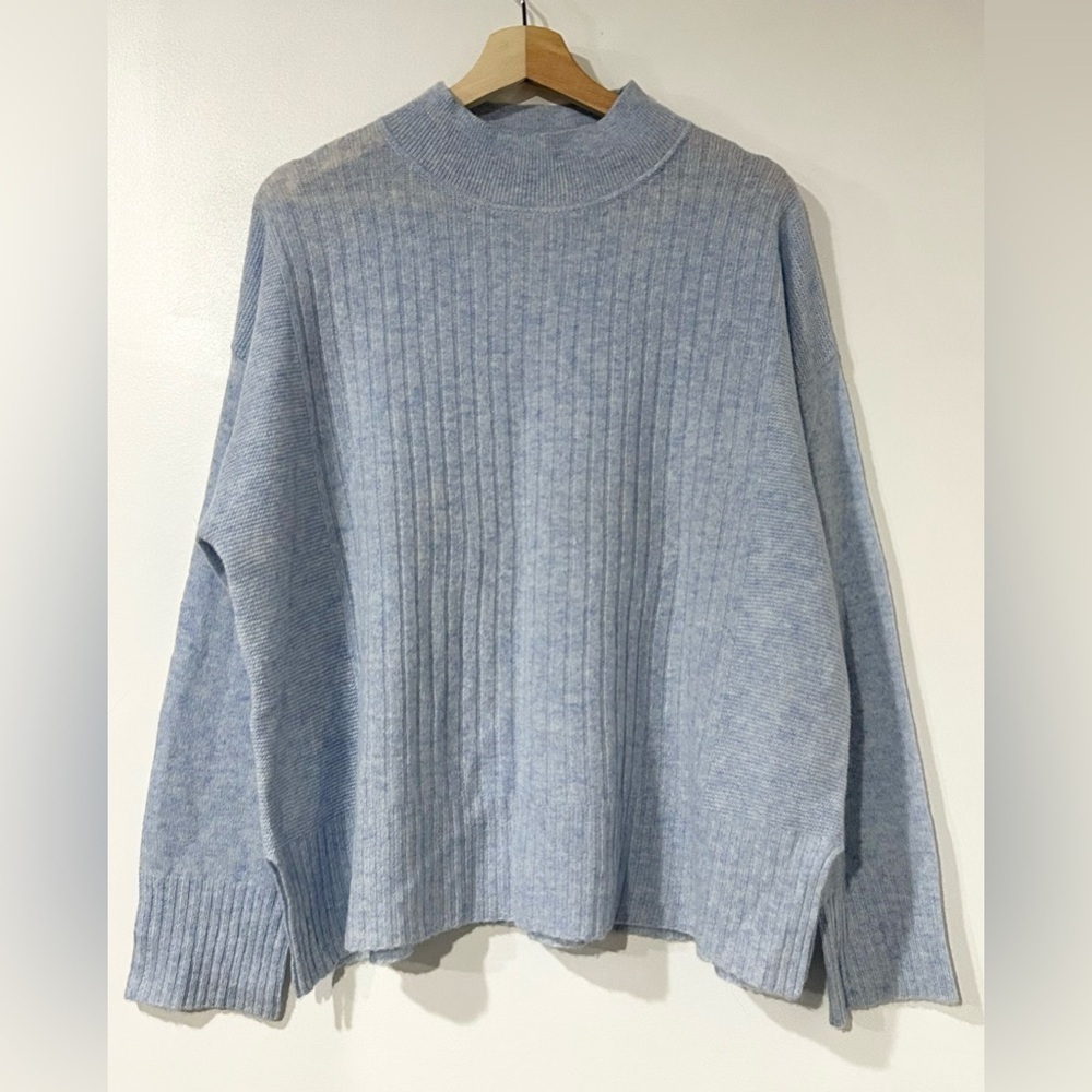 NEW Alashan Cashmere Rib Mock Neck Sweater Light Blue L‎ Old Money Quiet Luxury